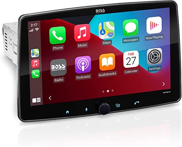 BOSS Audio Systems BCPA10 Chasis DIN único con pantalla táctil capacitiva desmontable de 10.1", Apple CarPlay/Android Auto, Bluetooth, sin DVD, iluminación RGB, audio FLAC de alta resolución