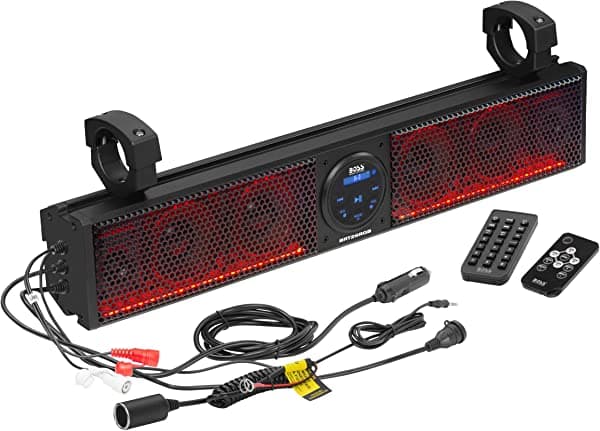 BOSS Audio Systems BRT26RGB ATV UTV - Sistema de barra de sonido - 26 pulgadas de ancho, clasificación IPX5 resistente a la intemperie, audio Bluetooth, amplificado, altavoces de 4 pulgadas, tweeters de 1 pulgada, puerto USB, iluminación multicolor RGB