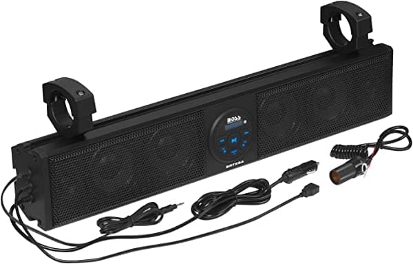 BOSS Audio Systems BRT26A - Barra de sonido UTV - 26 pulgadas de ancho, clasificación IPX5, resistente a la intemperie, Bluetooth, amplificado, altavoces de 4 pulgadas, tweeters de cúpula suave, fácil instalación para buques de dunas, Jeeps, Rock Crawlers