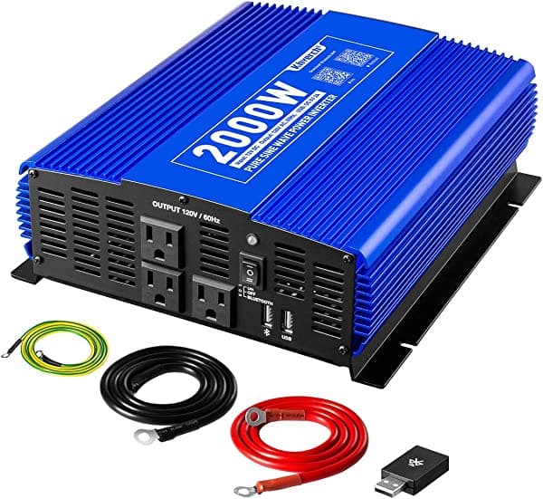 Kinverch Inversor de onda sinusoidal pura de 2000 W, 12 V CC a 110 V CA inversor de corriente alterna para automóvil/camion/RV con 3 salidas de CA y 1 puerto USB y control remoto PA2000
