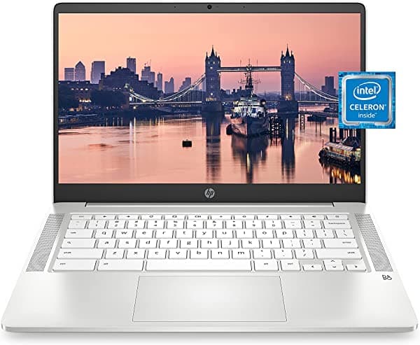HP Laptop Chromebook 14, procesador Intel Celeron N4000, 4 GB de RAM, 32 GB eMMC, pantalla HD de 14 pulgadas, cromo, computadora ligera con cámara web y micrófonos duales, hogar, escuela, música, películas (14a-na0021nr, 2021)