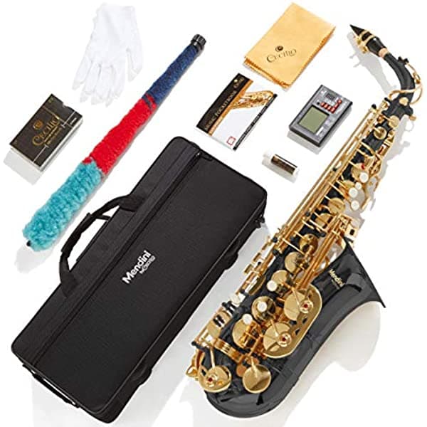 Mendini Saxofón Alto Eb Negro y Dorado - Estuche, Afinador, Boquilla, 10 Cañas, Pocketbook MAS-BK+92D+PB
