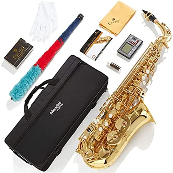 Saxofón alto Mendini por Cecilio Eb con sintonizador, boquilla y funda, 10 lengúetas y libro de bolsillo., Dorado MAS-L+92D+PB