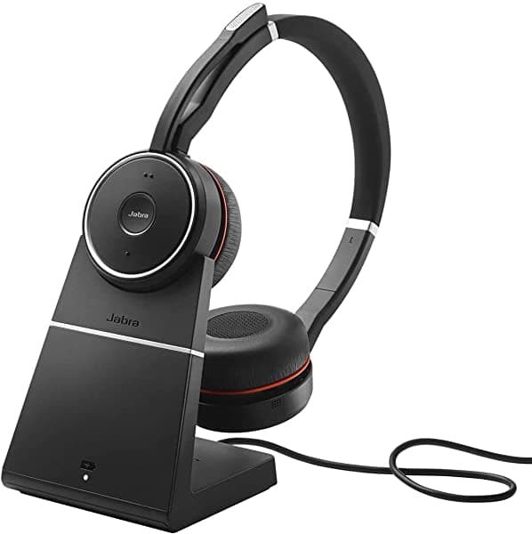 Jabra Evolve Auriculares inalámbricos de 75 MS, estéreo, incluye adaptador USB Link 370 y soporte de carga, auriculares Bluetooth con altavoces de clase mundial, micrófono activo con cancelación de ruido, batería todo el día 7599-832-199