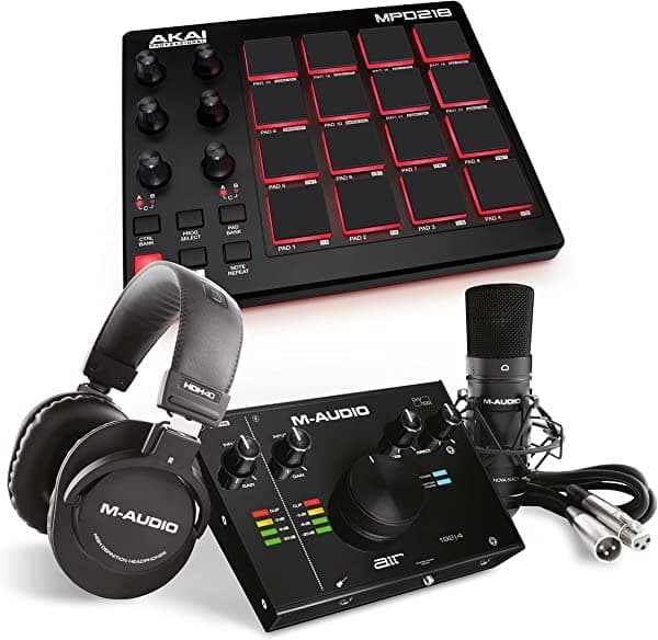 Akai Professional MPD218 Controlador MIDI USB para Beat Making, M-Audio AIR 192|4 Interfaz de Audio, Micrófono XLR y Auriculares para Estudio de Grabación