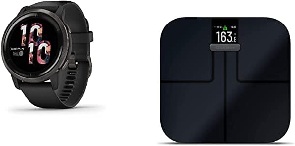 Garmin Venu 2, reloj inteligente GPS con monitoreo avanzado de salud e índice S2, báscula inteligente con conectividad inalámbrica, mide la grasa corporal, músculo, masa ósea, % de agua corporal y más, negro (010-02294-02)