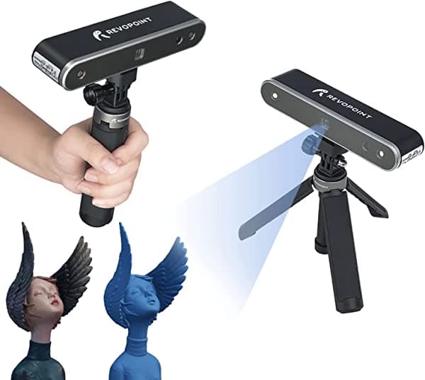 Revopoint Escáner POP 2 3D de alta precisión con precisión de 0.002 in, paquete insignia, velocidad de escaneo de hasta 10 fps, luz microestructurada + tecnología patentada binocular, versatilidad 2 en 1