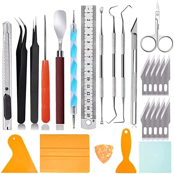 SHARKOOO Juego de 27 herramientas de manualidades, herramientas de deshierbe de vinilo, juego básico de manualidades, kit de herramientas de vinilo para manualidades para siluetas, cameos, corte, empalme T09