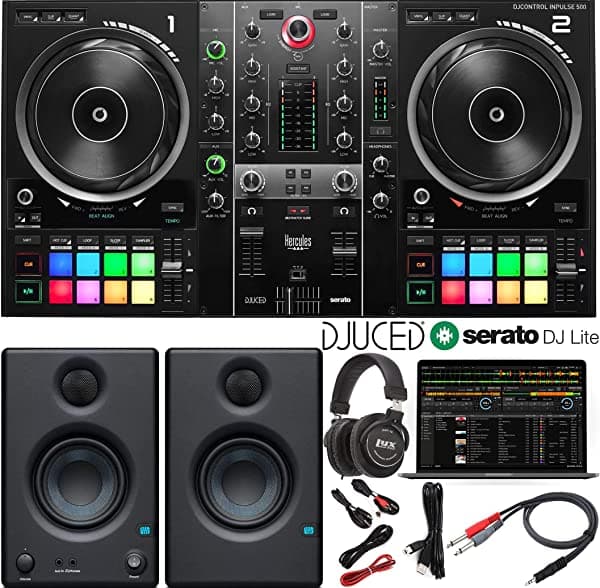 Hercules DJControl Inpulse 500 - Controlador de software de DJ de 2 canales con pies retráctiles y monitores de estudio Eris de 3, 5 pares