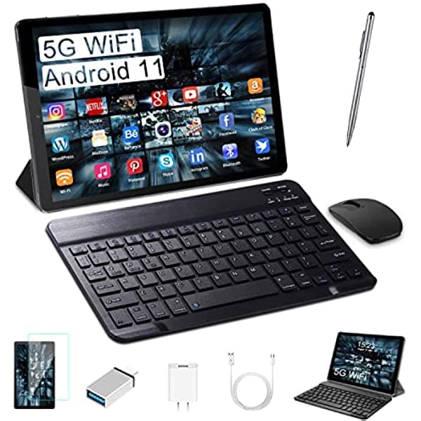 AOYODKG Tablet Android 2 en 1 de 10 pulgadas, 5G, tabletas WiFi duales con teclado de 4 GB, RAM, 64 GB, ROM de 128 GB, tabletas de cuatro núcleos de 1.6 GHz, Bluetooth, tipo C, tableta certificada por Google GMS T30-PRO