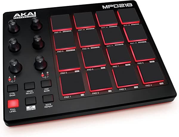 AKAI MPD218 - Controlador MIDI USB con 16 pads, 6 knobs asignables, botones de repetición de notas y software de producción.