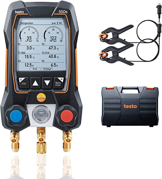 Testo 550s Set de Manifold Gauges HVAC y Refrigeración - Incluye 2 Sondeos de Temperatura con Cables - Kit de Recarga AC con Superheat, Subcooling y Bluetooth
