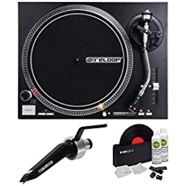 Reloop RP-4000 mk2 - Juego de tocadiscos de transmisión directa con lápiz capacitivo negro Reloop Ortofon Concorde y kit de limpieza de discos de vinilo Knox Gear (3 artículos)