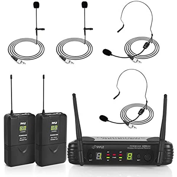 Pyle PDWM3400 Sistema de Micrófonos Inalámbricos UHF con 2 Auriculares, 2 Micrófonos de Solapa y 2 Transmisores. Ideal para Karaoke, PA y DJ.