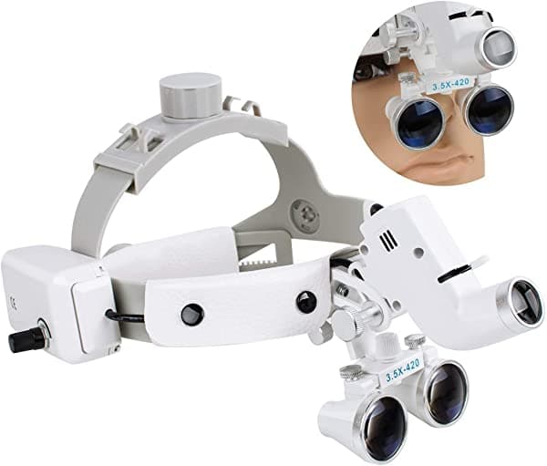 CARESHINE Binocular Loupes Glasses con banda para la cabeza y luz LED 3.5X-420 Magnificador