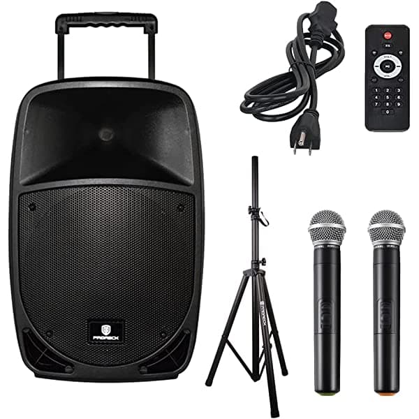 PRORECK FREEDOM 12 bocina de graves portátil de 12 pulgadas, bocina de DJ/PA de 500 vatios y 2 vías con lector de tarjetas Bluetooth/USB/SD/radio FM/control remoto/micrófonos inalámbricos