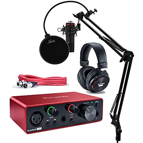 Focusrite Scarlett Solo Studio - Paquete de interfaz de audio USB de 3ª generación y grabación con micrófono, auriculares, cable XLR, soporte de estudio Knox, montaje de choque y filtro pop (7 artículos) SOLO-STU-3G_K1