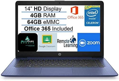 Computadora portátil HP Stream HD SVA de 14 pulgadas, procesador Intel Celeron N4000, 4 GB de RAM, 64 GB de memoria flash eMMC, 1 año de Office 365, HDMI, Bluetooth, Windows 10, azul, AllyFlex MP, listo para clase en línea HP STREM 14