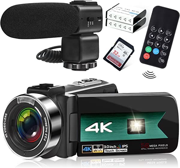 Cámara de video, videocámara Zohulu 4K de 56MP con micrófono, cámara digital Ultra HD con zoom digital 16X, cámara de vlogging para YouTube con pantalla IPS, grabadora de video con visión nocturna y 2 baterías