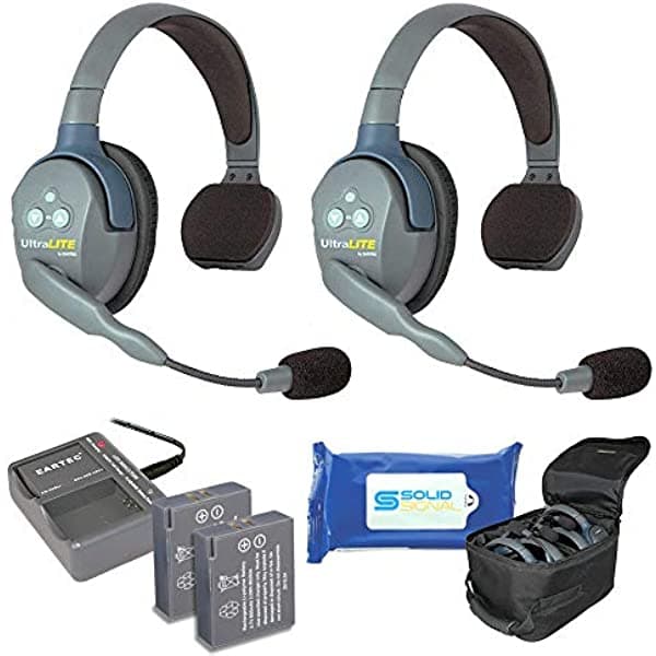 Eartec UL2S Ultralite - Sistema de Comunicación Inalámbrico Full Duplex para 2 Usuarios con 2 Diademas de un Solo Oído y Paquete de Toallitas de Limpieza SolidSignal