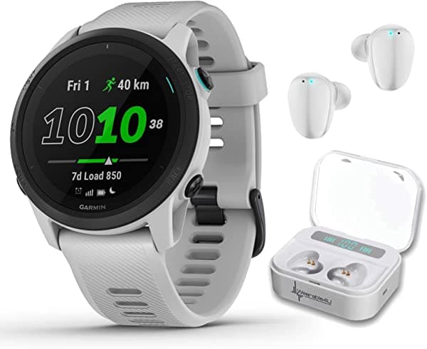 Garmin Forerunner 745 - Reloj Inteligente Gps Para Correr Y Triatlón Piedra Blanca Con Auriculares Wearable4U Blancos Con Funda De Batería De Carga 010-02445-03