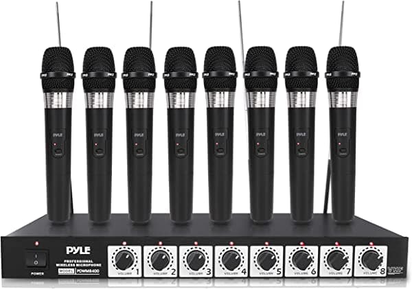 Pyle PDWM8400 Sistema Inalámbrico VHF - Montable en Rack con 8 Canales y Set Inalámbrico con 8 Micrófonos de Mano, Salidas Mixtas de 1/4" - Para DJ, Karaoke, Conferencias, Color Negro
