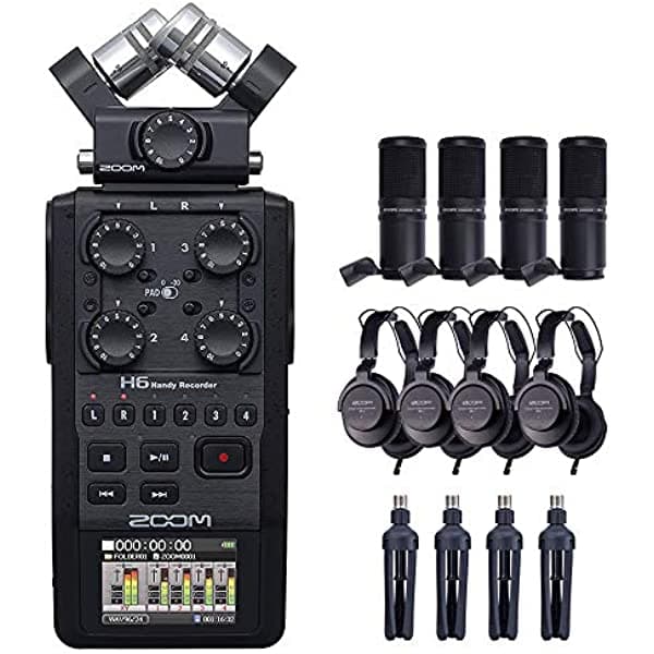Zoom H6 All Black Grabadora Portátil de 6 Pistas (Versión 2020) Paquete con 4X Zoom ZDM-1 Pack de Micrófonos para Podcast