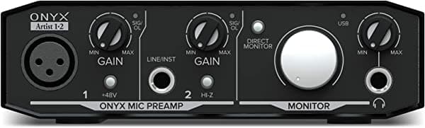 Mackie Onyx Artist 1.2 2x2 USB Audio Recording Studio Interface bundle con auriculares de estudio Rockville PRO-M50, micrófono condensador de grabación RCM03 Pro y RockSHIELD 3 escudo de aislamiento para micrófono Onyx Artist 1.2+RCM03+PRO-M50+RMF1