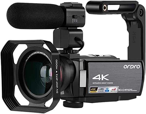 ORDRO HDR-AE8 Cámara de Video 4K UHD 1080P a 60FPS Digital con WiFi, Visión Nocturna IR, Pantalla Táctil IPS de 3.0'', Incluye Micrófono, Lente Gran Angular y Soporte de Cámara. AE8m