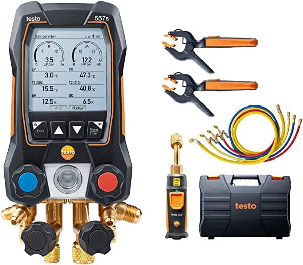 Testo 557s - Kit Manifold de AC con 2 Termómetros de Abrazadera de Tubo 115i, 1 Micronómetro 552i y 4 Mangueras - Bluetooth