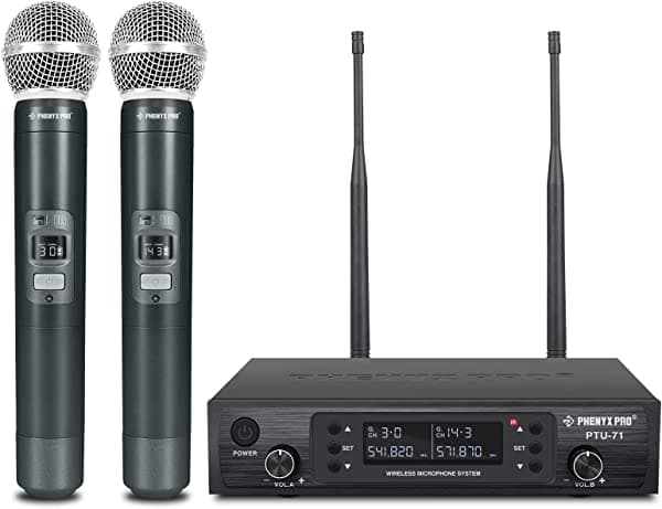 Phenyx Pro PTU-71-2H Sistema de Micrófono Inalámbrico Dual con 2 Micrófonos Dinámicos, Autoescaneo, 2x100 Frecuencias UHF y Alcance de 100m PH5014