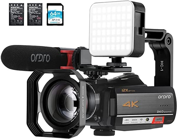 ORDRO AC5 Videocámara 4K 1080P 60FPS con Pantalla Táctil IPS de 3.1'', Cámara de Video WiFi para Vlogging con Transmisión en Vivo para YouTube, Zoom Óptico de 12X, Micrófono, Lente Gran Angular, Tarjeta SD de 64G, Baterías