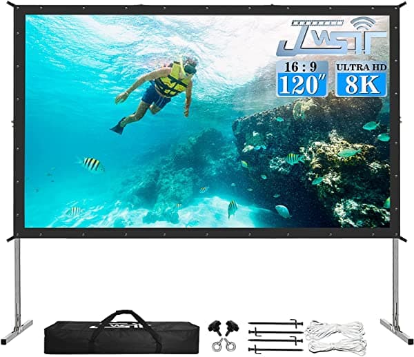JWSIT 120 inch Pantalla de Proyector con Soporte, Pantalla de Cine al Aire Libre Mejorada de 3 Capas de PVC 16:9, Pantalla de Proyección de Vídeo con Bolsa de Transporte para Patio Trasero (Pantalla de Proyección Trasera)