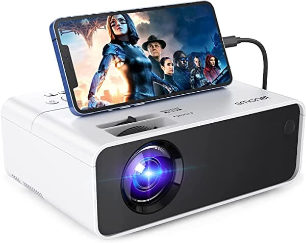 SMONET 1080P HD Proyector de Cine en Casa 7500L, Proyector de Vídeo TV Mini Portátil LED, Compatible con Paredes para Uso Exterior e Interior, con Conexión a TV Stick, Laptops, PC, PS5, HDMI, USB F-SMUS-102T