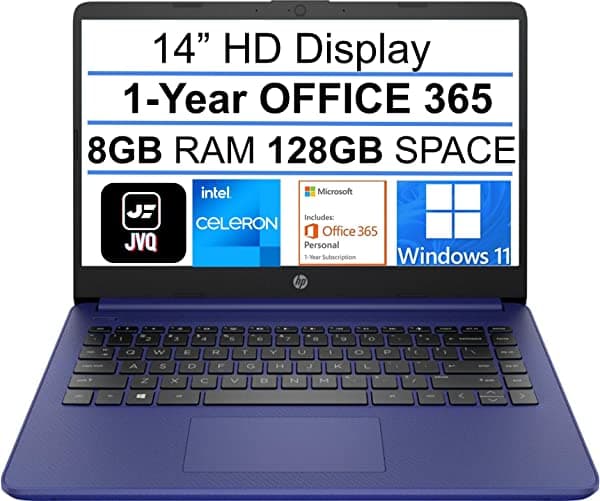 Laptop HP Stream HD de 14 pulgadas, Intel Celeron N4020 (hasta 2.8 GHz), 8 GB de RAM, 128 GB de espacio (64 GB eMMC+64 GB), 1 año Office 365, WiFi, HDMI, USB-C, cámara web, Bluetooth, Windows 11S, azul y JVQ MP HP 14 LAPTOP