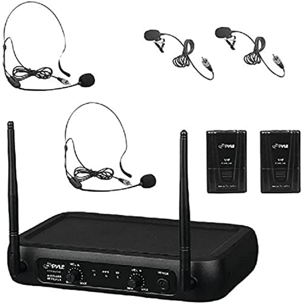 Pyle PDWM2145 VHF sistema de micrófono inalámbrico, 2 audífonos/micrófonos lavalier, 2 paquetes, frecuencia fija