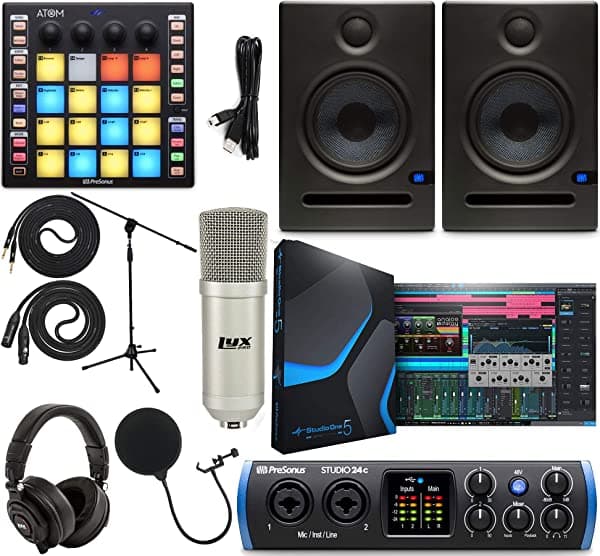 PreSonus Studio 24c 2x2 USB Type-C Audio/Interfaz MIDI con controlador ATOM MIDI/Production Pad y monitores de estudio Eris E5, micrófono de estudio