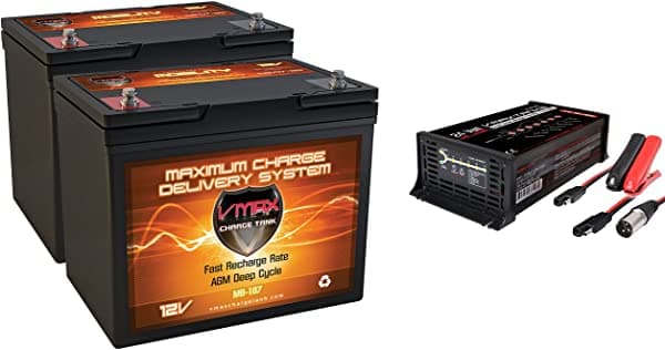 VMAXTANKS 2 VMAX MB107-85 12 V 85 ah Grupo 24 AGM baterías + BC2410XMA Cargador inteligente 24 V 10 A 3 pines macho XM para movilidad eléctrica silla de ruedas BC2410MB107-18