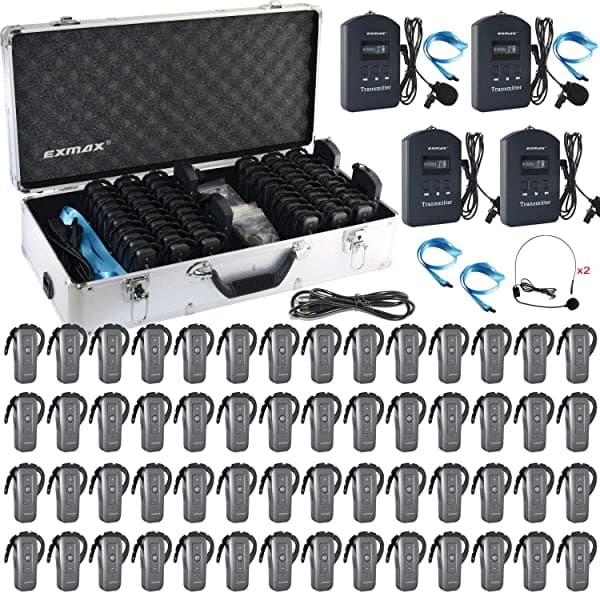 EXMAX EXD-6688 2.4GHz Equipo de transmisión de voz de audio inalámbrico 9999 canales para presentaciones, conferencias, iglesias, interpretación y viajes de campo (4 transmisores y 56 receptores con estuche de carga de 64 ranuras)
