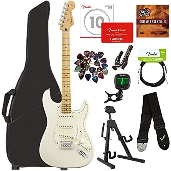 Fender Player Stratocaster Bundle con funda acolchada, soporte, afinador, correa, cable de instrumento, cuerdas, púas, capo, golpeador de prueba y DVD Austin Bazaar Guitar Essentials - Blanco polar AUS-0144502515-COMBO-STD