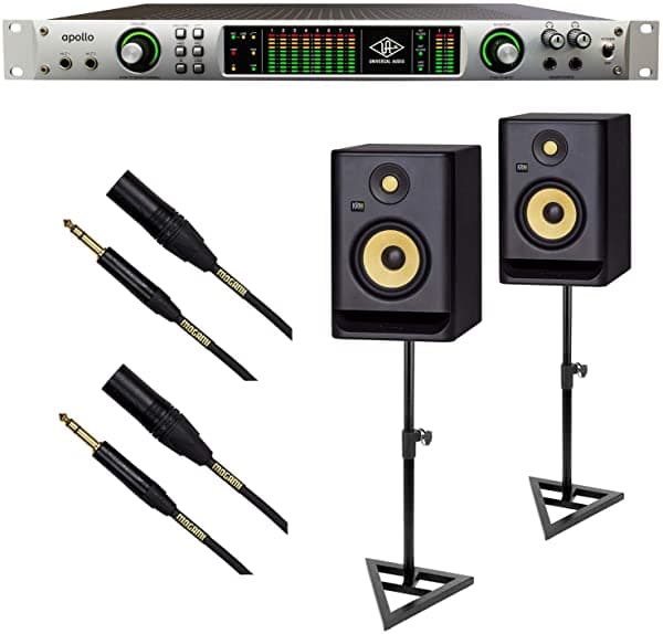 Clutch Universal Audio Apollo FireWire, (2) monitores KRK RP5G4, soportes para monitor, (2) cables Mogami XLR-1/4