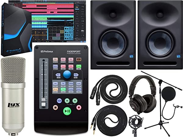 PreSonus FaderPort controlador de producción USB de un solo atenuador con Eris E7 XT Par de monitores de estudio de 2 vías con diseño de guía de ondas EBM y kit de cable y micrófono de estudio