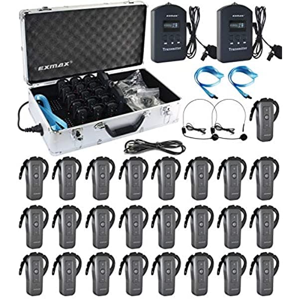 EXMAX EXD-6688 9999 - Sistema de audioguía inalámbrico (2.4 GHz, micrófono, sistema de traducción para iglesias, para guía, intérprete e instructor, 2 transmisores y 25 receptores con estuche de carga de 32 ranuras)