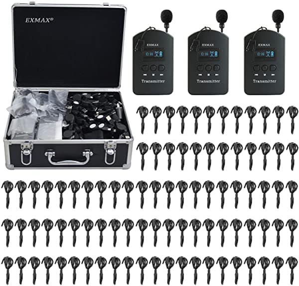 EXMAX EX-624 ISM 2.4GHz-2.4835GHz - Sistema de audioguía inalámbrico, transmisor con micrófono de auricular y receptor mini de oreja para iglesia, aulas, seminarios, entrenamiento, viajes y exposiciones