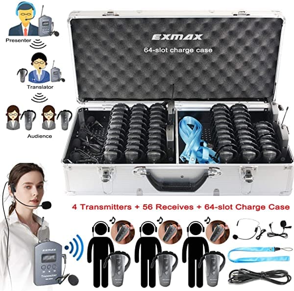 EXMAX EX-200E UHF - Sistema de audioguía inalámbrico de transmisión de voz para interpretación simultánea, conferencias con distancia social, salas de tribunales e interpretación, 4 transmisores, 56 receptores y estuche de carga de 64 ranuras