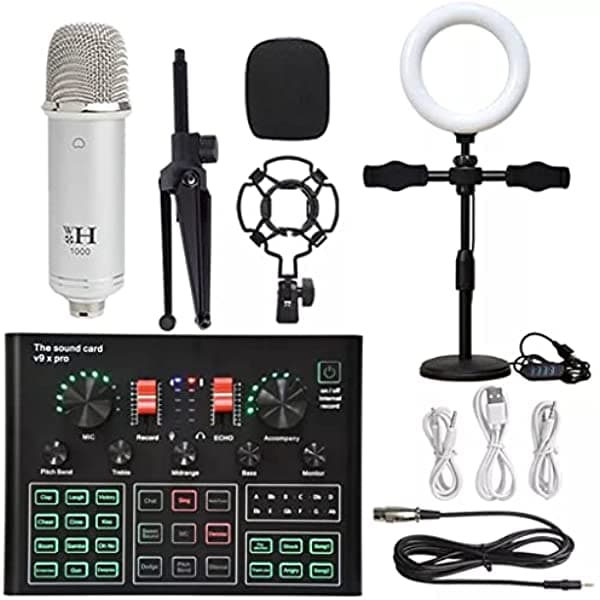 NCWZYY WXH1000 - Kit de micrófono condensador profesional de estudio con placa de sonido en vivo y Bluetooth inalámbrico (color: White LED, tamaño: WXH1000) yljq-5675