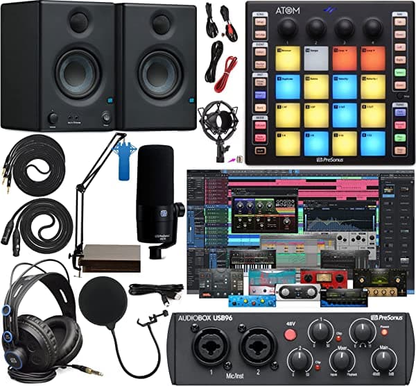 PreSonus AudioBox 96 Interfaz de audio completo de estudio incluye kit de software, controlador ATOM MIDI, micrófono PD-70, monitores Eris 3.5 pares y brazo de suspensión ajustable + auriculares HD7 AudioBox 96 | PD-70 | ATOM