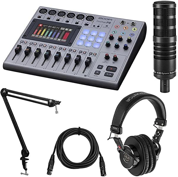 Zoom PodTrak P8 Grabadora y mezclador portátil multipista con micrófono de estudio H&A, auriculares de monitor profesional, brazo de difusión de micrófono, cable XLR M a XLR F, 15 pies ZP8 C