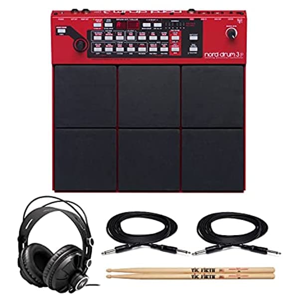 Nord Paquete de sintetizador de percusión de 6 canales de modelado 3P con auriculares Knox Gear cerrados, baquetas Vic Firth 5A y cables TS (5 artículos) AAMS-NDRUM3PK2