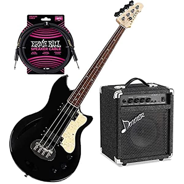Clutch Lakland SHB30-BK Skyline Hollowbody-30 - Bajo eléctrico, negro, con ampli de bajo de 25W y cable Ernie Ball (combo)